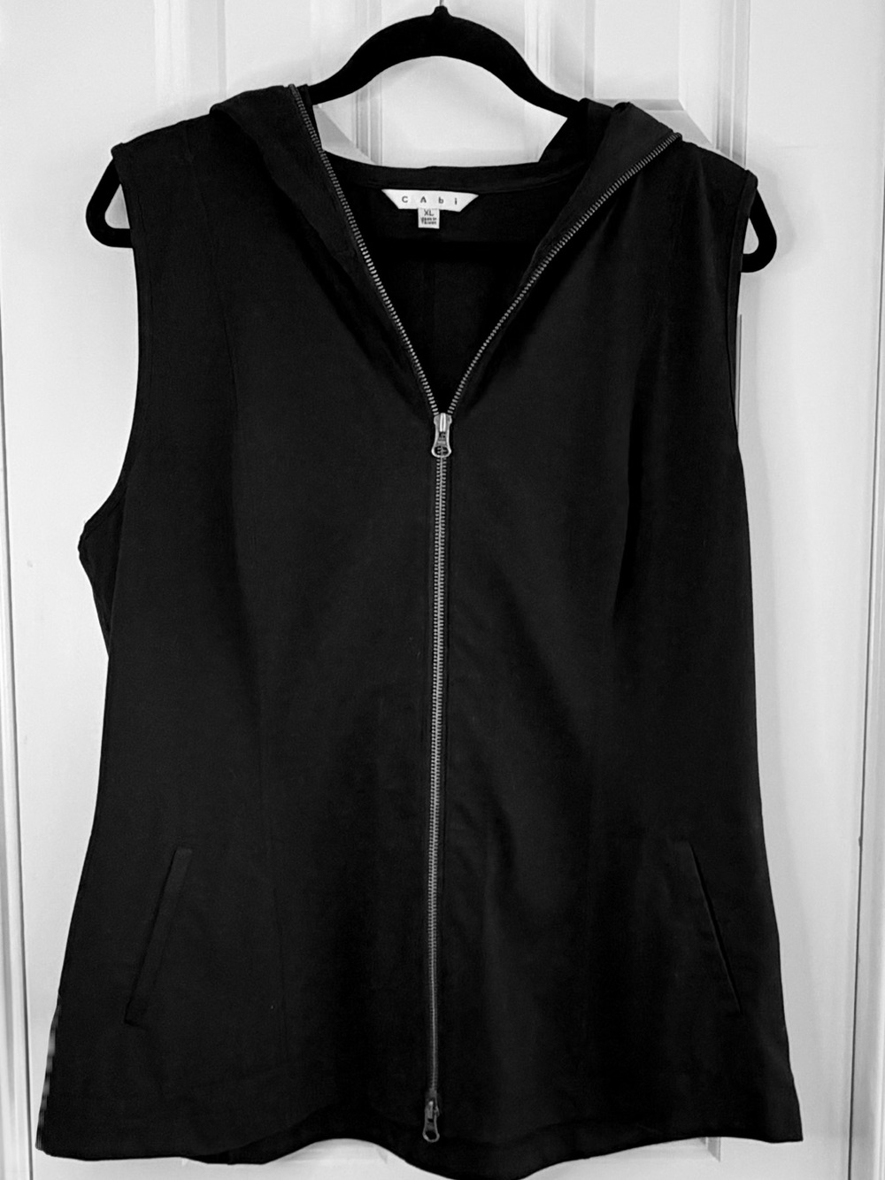CAbi Black Sleeveless Hooded Zip Vest, great condition